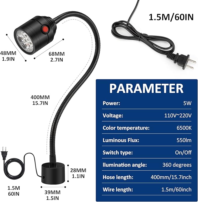 Magnetic Work Light, LED Machine Light with Flexible Gooseneck and Magnetic Base, Shop Tool Lamp for Lathe, Work Bench, Sewing Machine, Grill, Industrial Lighting Black
