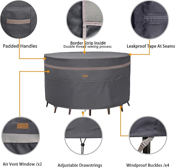 Fire Pit Cover 600D Heavy Duty Waterproof Fabric With PVC Coating Round 48" Dia x 28" H Dark Grey Fits 44-47 inch Fire Pit Table Fade Resistant Outdoor Firepit Cover