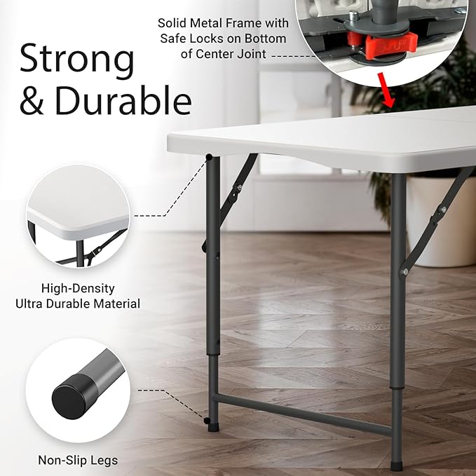 4 Feet Foldable Table Adjustable Height with Built in Handle, Steel Legs | 4FT Heavy Duty Portable | Perfect for Party Dining Wedding Events Picnic Indoor Outdoor Camping Utility Folding - 4 Foot