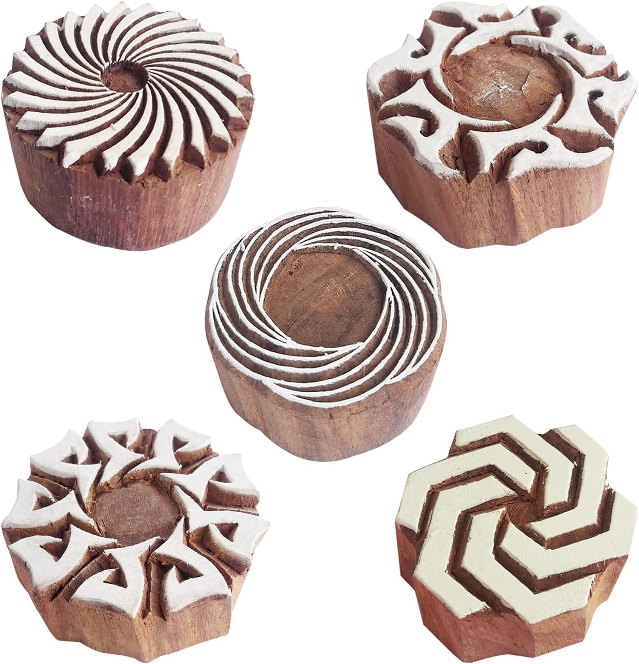 Royal Kraft Round Wooden Printing Stamps (Set of 5) - DIY Henna Fabric Textile Paper Clay Pottery Blocks Htag2210