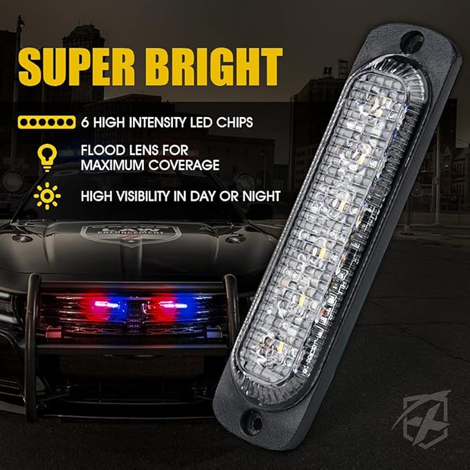 Xprite 10PCS LED Emergency Strobe Lights, Red Blue 12-LED Surface Mount Flashing Strobe Lights, Sync Feature Ultra Slim Grill Light for Volunteer Trucks ATV SUV Vehicles