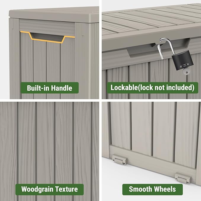 Mars Villa 72 Gallon Deck Box, Waterproof Weatherproof and UV Resistant Resin Storage Bin with Lockable Lid, Ideal for, Outdoor, Patio Furniture Cushions, Pool Supplies, Garden Tools, Greige