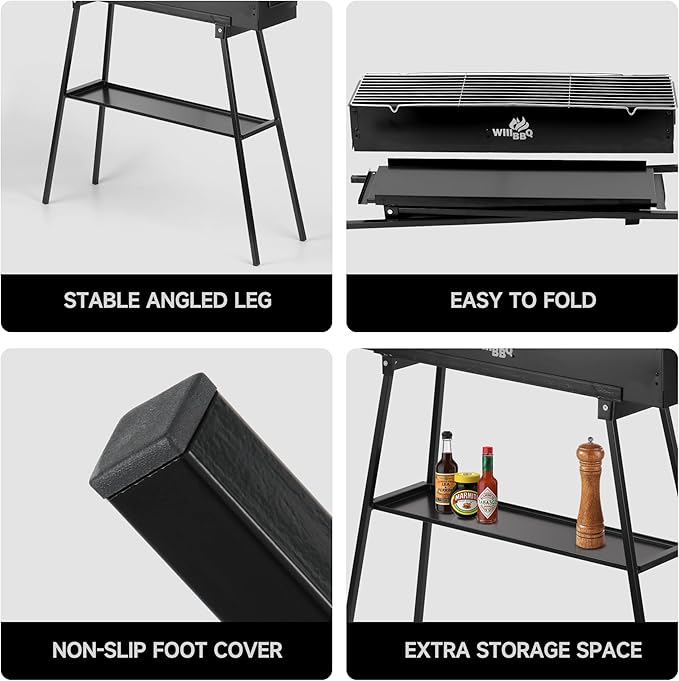WILLBBQ Charcoal Grills Commercial Quality Portable Hibachi BBQ Folded Camping Barbecue Grill for Backyard Party Outdoor Cooking Use，Perfect Christmas Gifts for Dad (31.6x7.1x5.1 inch), BLACK