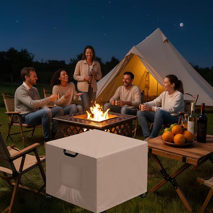 Kovshuiwe Porch Shield Fire Pit Cover Square-600D Fabric Waterproof and Resistant, Fits Outdoor For 28-32 Inch Fire Pit /Table Cover, Gas Fire Pit Cover-32"L x 32"W x 24"H, Khaki