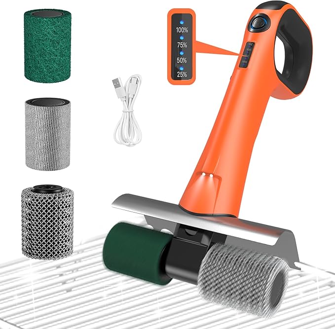 Hillyfe Grill Brush for Outdoor，Cordless Rechargeable Grill Brush with 3 Brush Heads, Grill Electric Cleaning Brushes Without Bristles, LED Light, Grill Scraper, Grilling Gifts for Men,Orange