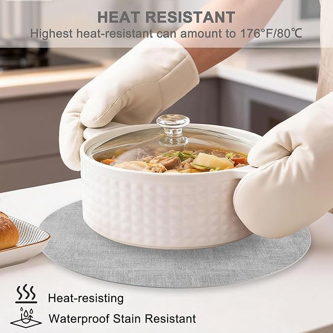 Round Faux Leather Placemats and Coasters, Set of 6, Reversible Heat Resistant Non-Slip Table Mats, Waterproof Wipeable Place Mats for Dining Table, Washable for Indoor & Outdoor (6, Light Grey)
