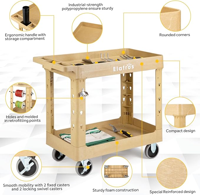 ELAFROS Heavy Duty Plastic Utility Cart 34 x 17 Inch - Work Cart Tub Storage W/Deep Shelves and 2 Fixed 2 Swivel Wheels Safely Holds up to 550 lbs - 2 Tier Service Cart for Warehouse,Garage, Sand