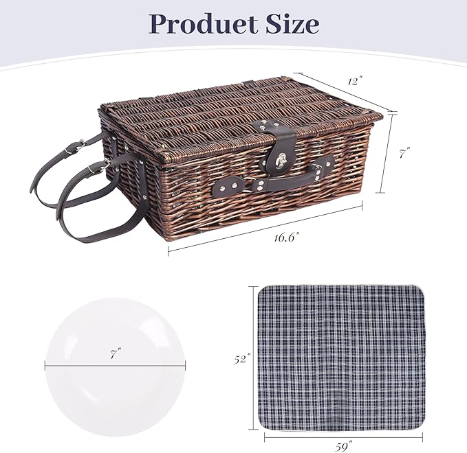 Neti Neti Wicker Picnic Basket for 4 with Insulated Cooler & Waterproof Blanket – Large Willow Picnic Hamper for Outdoor, Camping, Beach, Romantic Dates, Valentine’s Day
