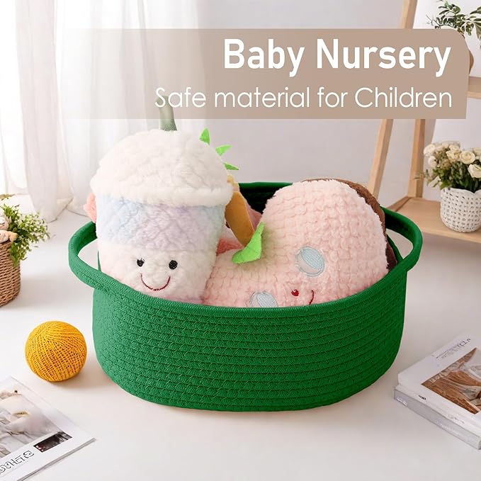 Woven Basket,Small Rope Storage Bin with Handles & Ribbon Bag, Organizer for Shelves Closets,Gift Basket Empty for Birthday,Books,Dog Toys, Green/3 Pack