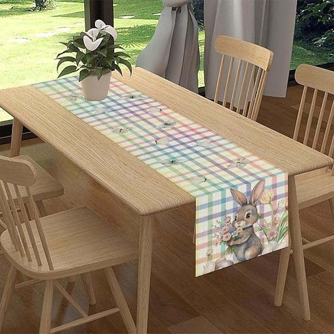 Happy Easter Table Runner,Rustic Watercolor Bunny Flowers Butterflies Eggs Seasonal Table Center Decor for Family Kitchen and Living Room Outdoor Farmhouse Party Table Decorations, 13"x90"