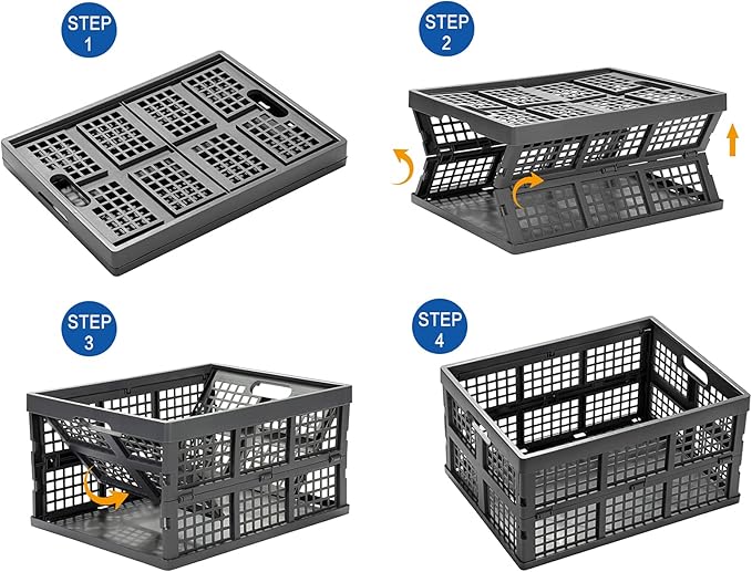 34L Large Plastic Folding Storage Crates,Collapsible Crates for Storage,Pack of 3 (Grey)