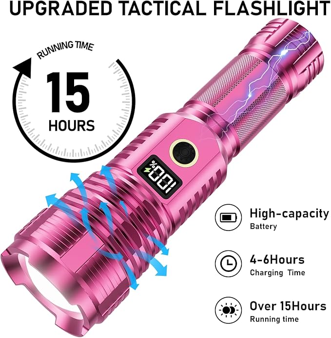 Flashlights High Lumens Rechargeable, LED Super Bright Flash Light Long Beam, Zoomable Linternas with LCD Digital Display, 5 Mode, Waterproof, Powerful Tactical Flashlight for Emergencies Camping Gift