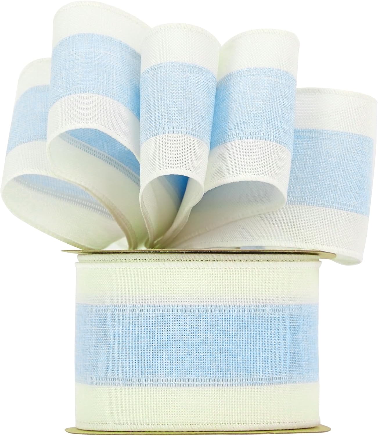 MEEDEE Blue and White Stripe Ribbon Wired Ribbon 2.5 Inch Light Blue Burlap Ribbon with Ivory Stripe Edge Wreath Supplies, Baby Shower Decorations, Crafts Bow Making (10 Yards)
