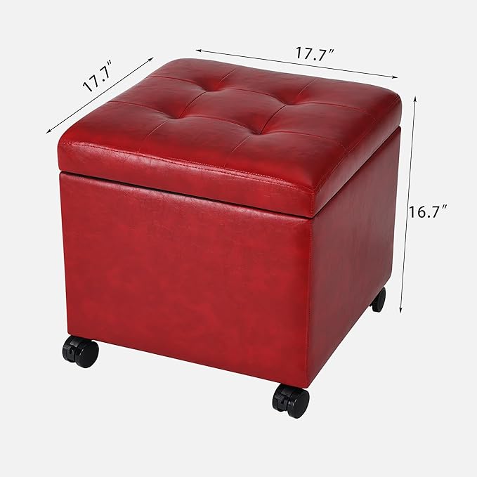 Homebeez Storage Ottoman Footrest Stool with Rolling Wheels, Red PU Leather Tufted Cube with Hinged Lid, 17.7" Multifunctional Furniture for Living Room, 300lb Capacity