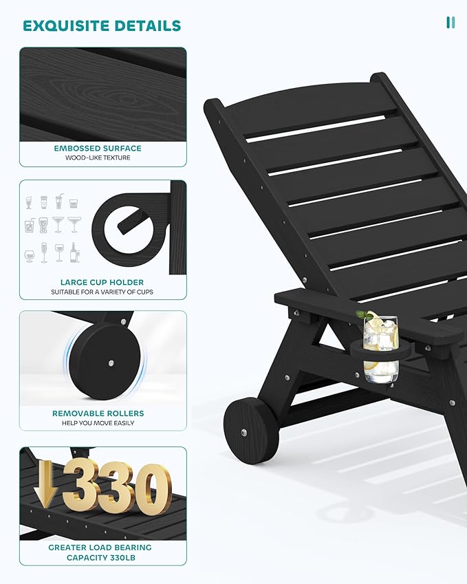 SERWALL Patio Chaise Lounge Chair Set of 6, 5 Positions Adjustable Poly Outdoor Lounger for Pool, HDPE Lounge Chair with Rolling Wheels & Cup Holder for Poolside, Deck, Obsidian Black