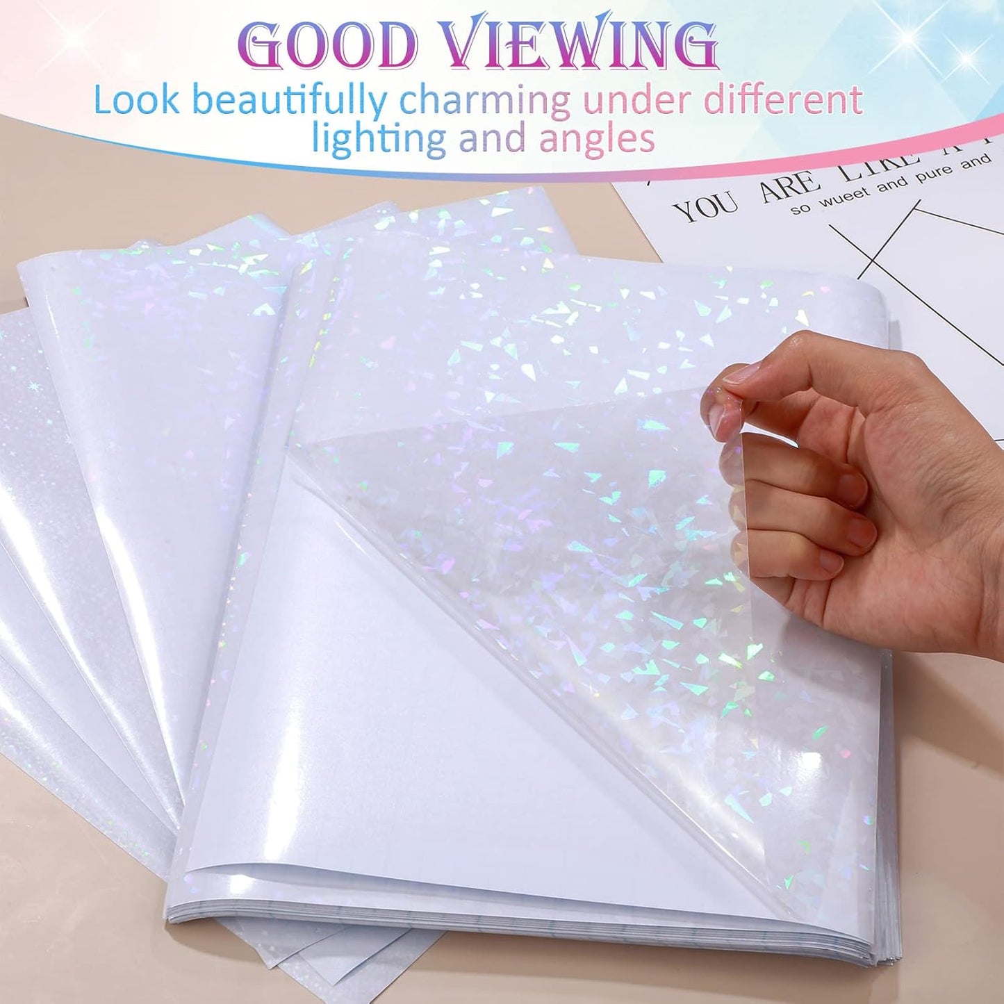 108 Sheets Holographic Sticker Paper Clear A4 Vinyl Sticker Laminate Sheets Adhesive Holographic Overlay Waterproof Transparent Film with Gem, Colorful, Dot, Star, 11.7 x 8.3 Inch