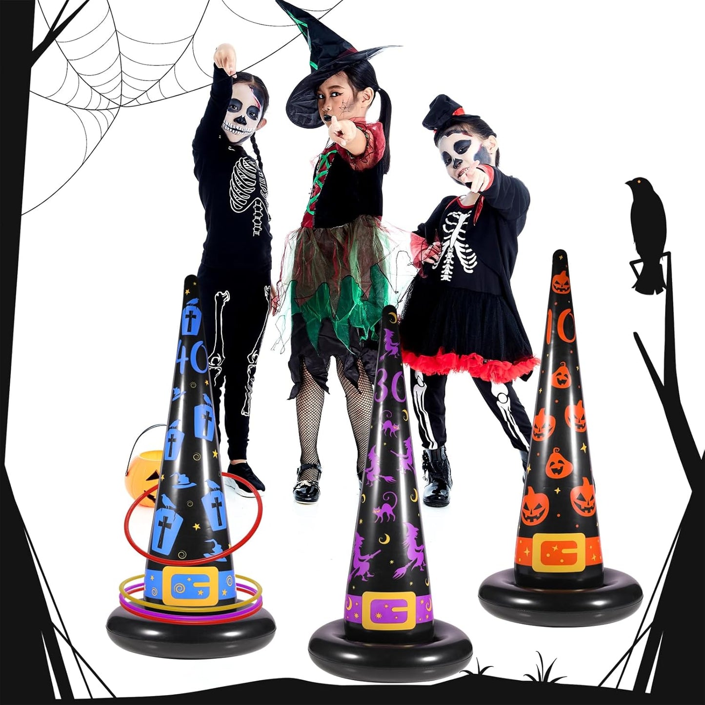 Halloween Ring Toss Game Set, 5Pcs Inflatable Witch Hats with 10Pcs Colorful Plastic Rings and Air Pump for Halloween Party Games Super Fun Indoor Outdoor Party Supplies