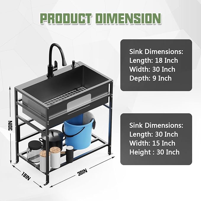 Black 30x18 Inch Freestanding Utility Sink-Stainless Steel Laundry Sink Practicality With Accessories Black Stainless Faucet,Soap Dispenser, SS Sink Grid For Laundry,Garage,Outdoor Kitchen,Garden...