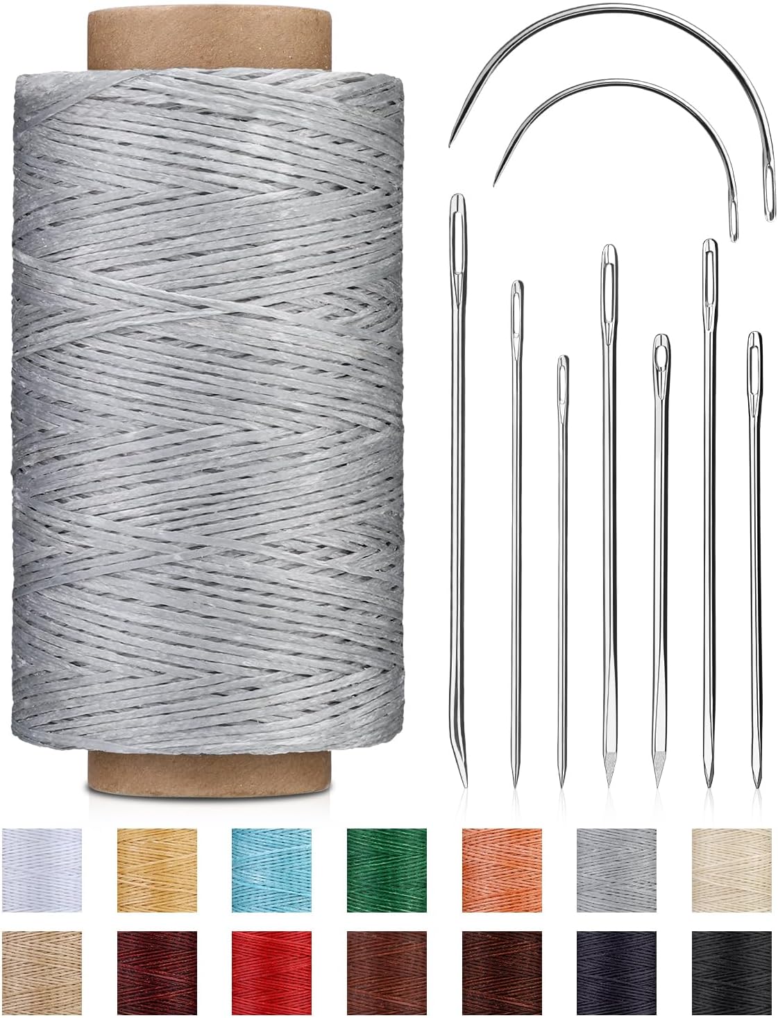 DIUDUS 218 Yards Waxed Thread, Upholstery Thread Heavy Duty for Hand Sewing with Heavy Duty Sewing Needles, Leather Repair kit for Furniture Shoes Bags Sofa (Light Gray)