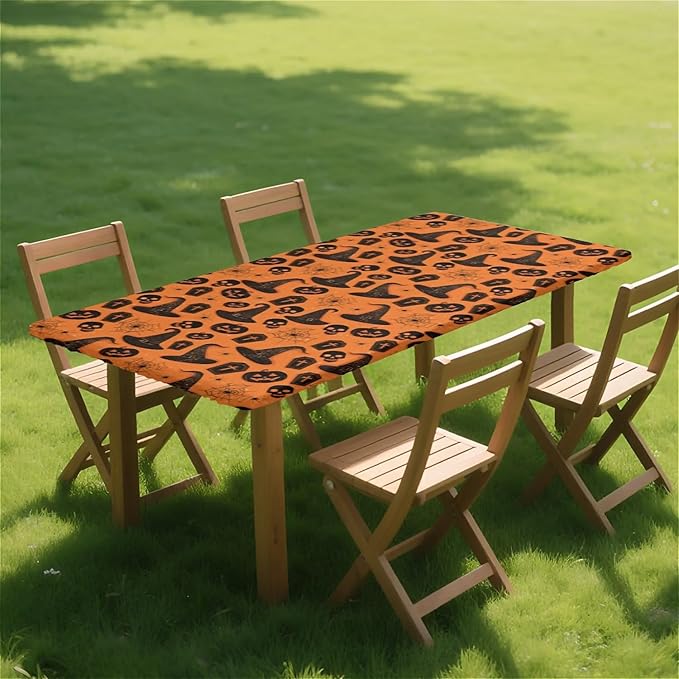 Rectangle Table Cloth Cover Waterproof Elastic Fitted Polyester Fitted Tablecloths for 4 Foot Tables for Indoor,Picnic, Camping, Outdoor （48" x 30"，Halloween Tablecloth）