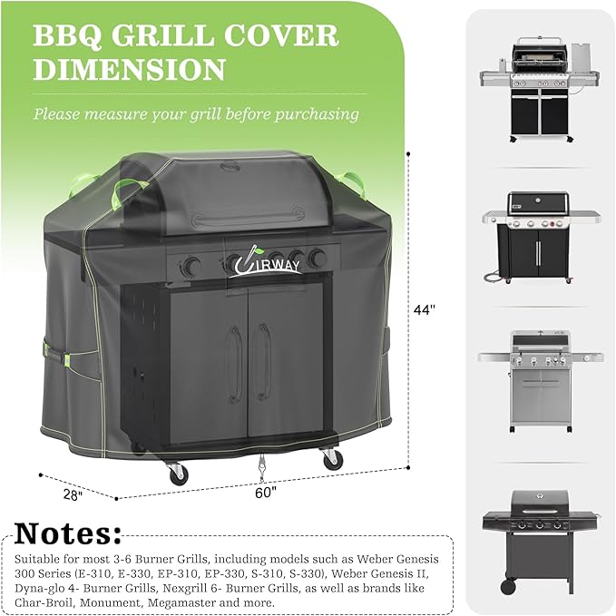 UIRWAY Grill Cover for Outdoor Grill 60 Inch, 600D Heavy Duty Waterproof BBQ Cover, UV & Fade Resistant Gas Grill Covers with Reflective Strip and Air Vent, Black