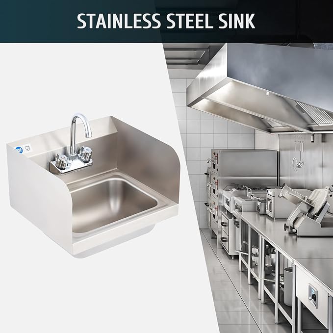 WILPREP Commercial Hand Sink, NSF Stainless Steel Sink Commercial Utility Sink with Gooseneck Faucet and Strainer, 17x15 Inch Wall Mount Kitchen Sink for Restaurant Bar RV Bathroom Laundry Room