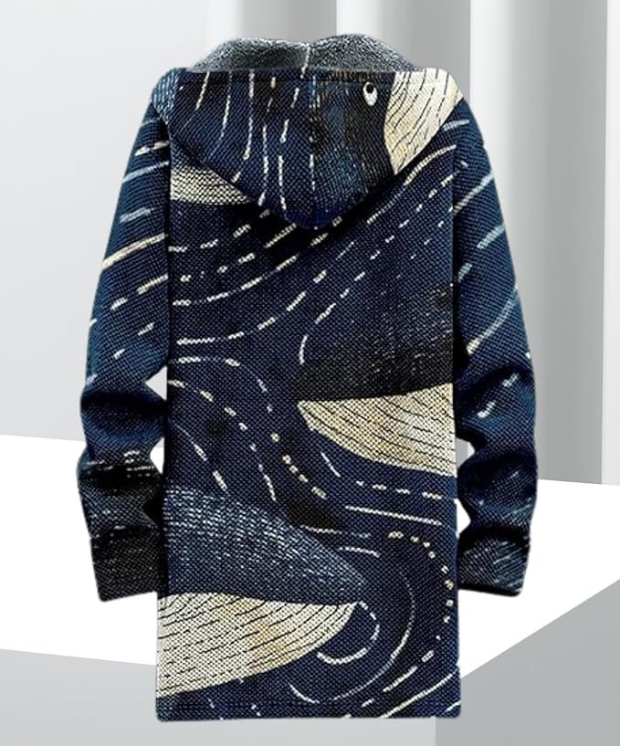 Men's Hooded Sweater Coat Knit Fleece Lined Long Cardigan Jacket with Zip Front Pocket Vintage Casual Zip Up