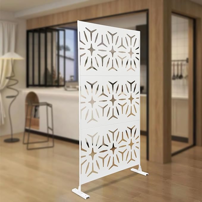 75" H×35" W Decorative Outdoor Privacy Screen with Stand, Outdoor Decor Privacy Fence Screen Metal Fence Panels, Free Standing Metal Divider for Patio Lawn Deck (White-Small Rhombus)