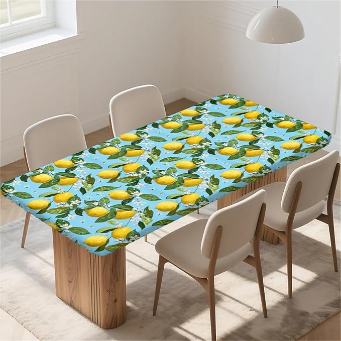 Rectangle Table Cloth Cover Waterproof Elastic Fitted Polyester Fitted Tablecloths for 4 Foot Tables for Indoor,Picnic, Camping, Outdoor （48" x 30"，Lemon）