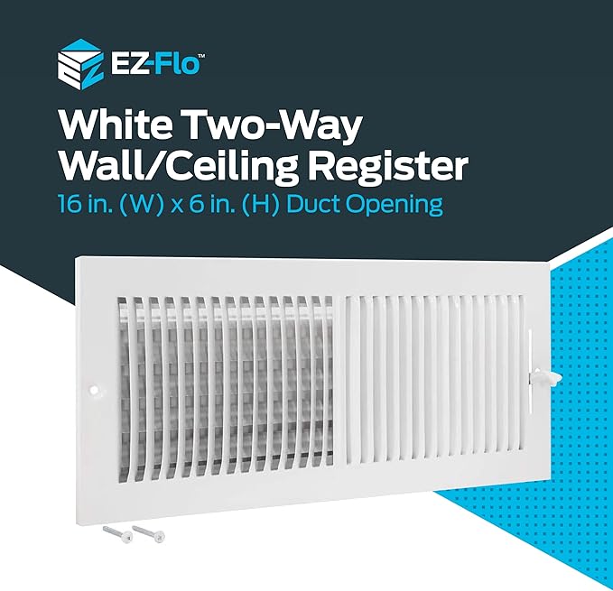 EZ-FLO 16 x 6 Inch (Duct Opening) White Air Vent Cover for Wall or Ceiling, Two-Way Ventilation Register, Solid Steel HVAC Cover, 61663 (Pack of 2)