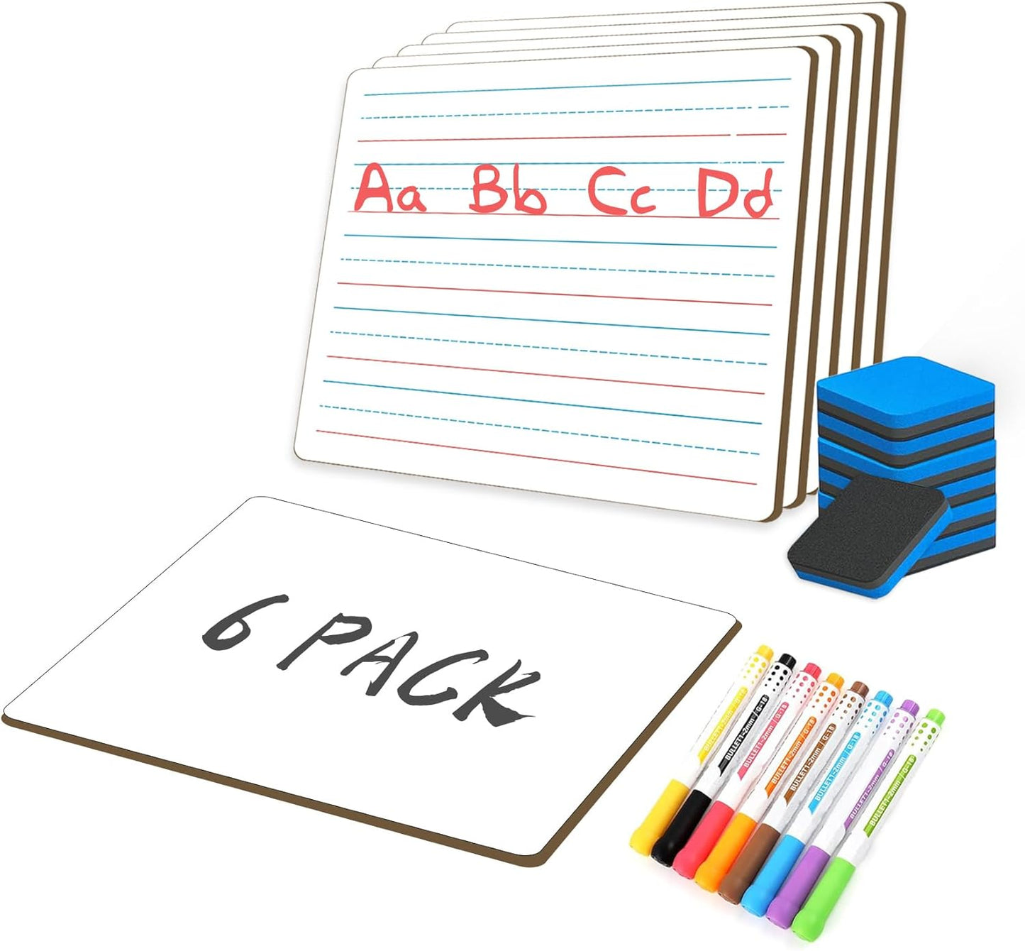 White Board Dry Erase Boards Classroom Pack Mini White Boards 9" x12” Double Sided Personal Whiteboards for Students Teachers School Supplies Lapboards (6Pack line whiteboard & Erasers & Pens)