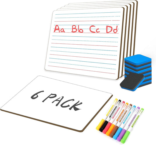 White Board Dry Erase Boards Classroom Pack Mini White Boards 9" x12” Double Sided Personal Whiteboards for Students Teachers School Supplies Lapboards (6Pack line whiteboard & Erasers & Pens)