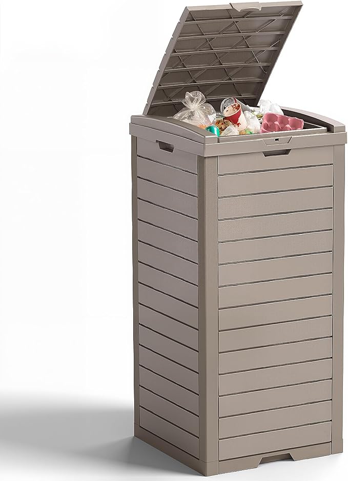 38 Gallon Outdoor Trash Can with Lid, Waterproof Resin Outdoor Trash Can Bottom with Pull-Out Liquid Drawer, Dual Lid Closure Garbage Can for Kitchen, Hideaway, Deck, Patio(Deep Grey)