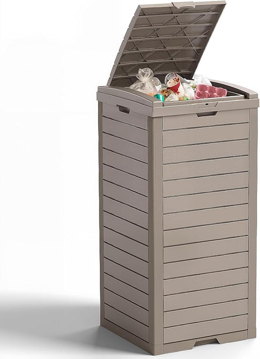 38 Gallon Outdoor Trash Can with Lid, Waterproof Resin Outdoor Trash Can Bottom with Pull-Out Liquid Drawer, Dual Lid Closure Garbage Can for Kitchen, Hideaway, Deck, Patio(Deep Grey)
