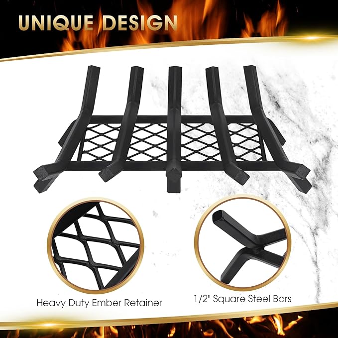 G GOOD GAIN Fireplace Grate with Ember Retainer, 20" Heavy Duty Steel Indoor, Chimney Hearth Wood Stove Burning Rack Holder,1/2 Bar Fire Place Asseccories for Outdoor, Fire Pits, Camping.