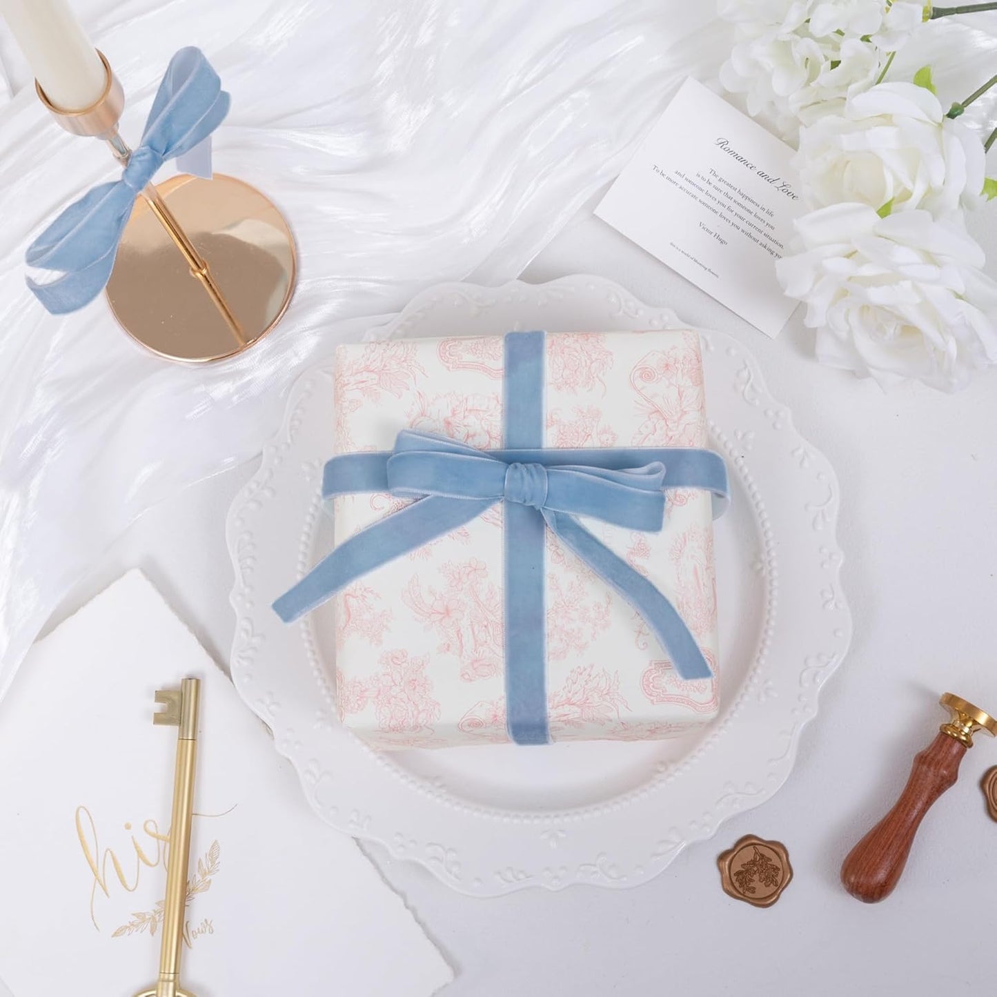 Vintage Dusty Blue Velvet Ribbon Christmas Ribbon for Gift Wrapping Crafts Christmas Tree Ornaments Garland Decorations, 5/8 Inch X 25Yd