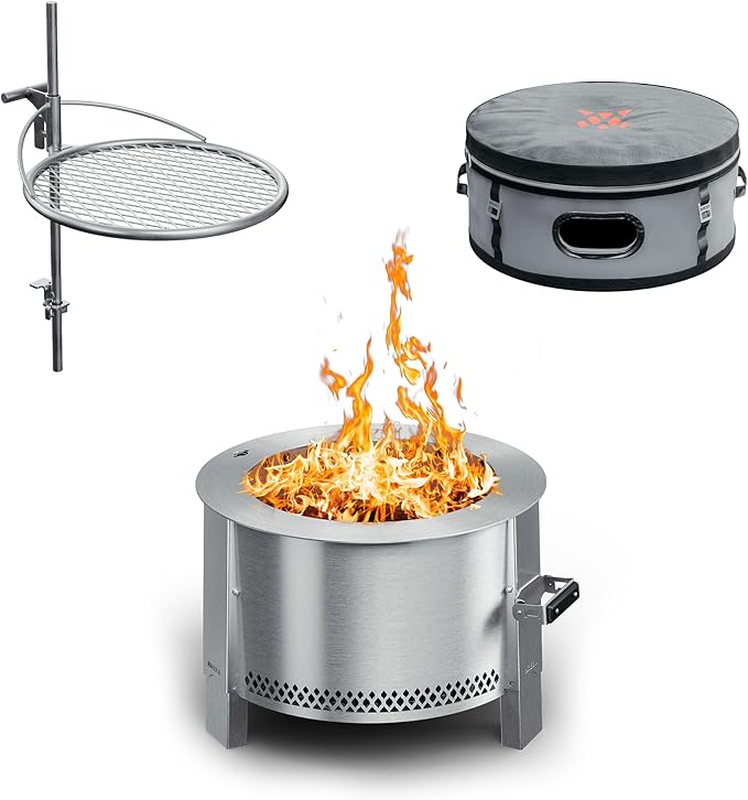 Breeo Smokeless Fire Pit to-Go Bundle (Y Series Stainless Steel, Outpost Grill & to Go Case) | 21 inch Smokeless Firepit for Outside | Ideal for Families, Gifts for Dad