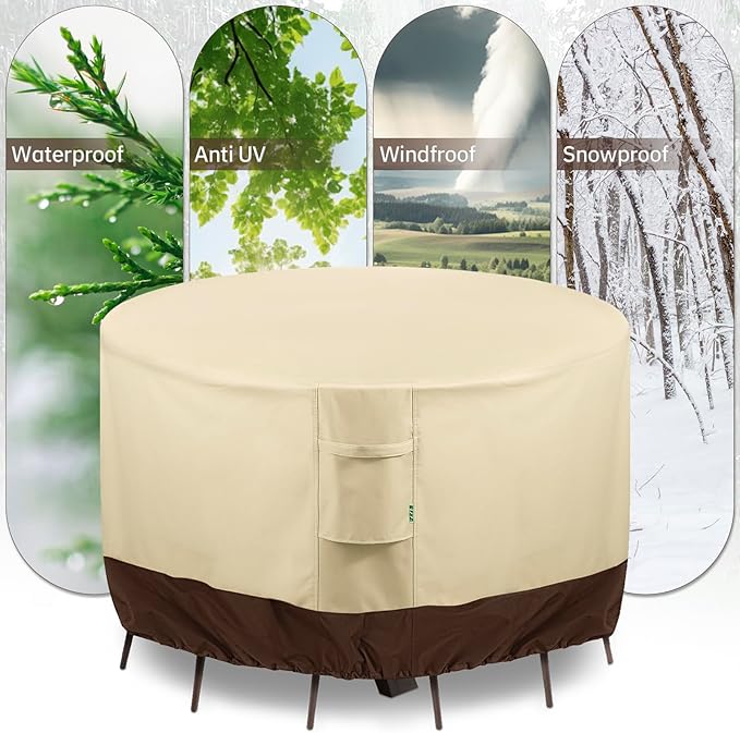 Round Patio Furniture Covers, 84" DIA x 28 H Waterproof Outdoor Furniture Cover for Patio Table & Chair Sets, 600D Heavy-duty UV-Resistant Fade-Proof Protection, Beige & Brown
