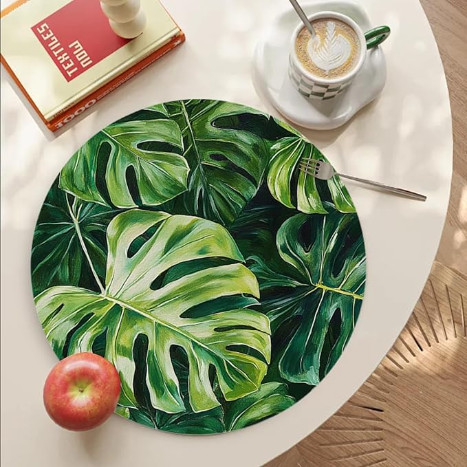 Faux Leather Placemats Set of 4,Tropical Green Leaves Ding Table Round Placemat Easy to Clean Heat-Resistant Waterproof Non-Slip Place Mats Kitchen Living Room Decoration,13inch