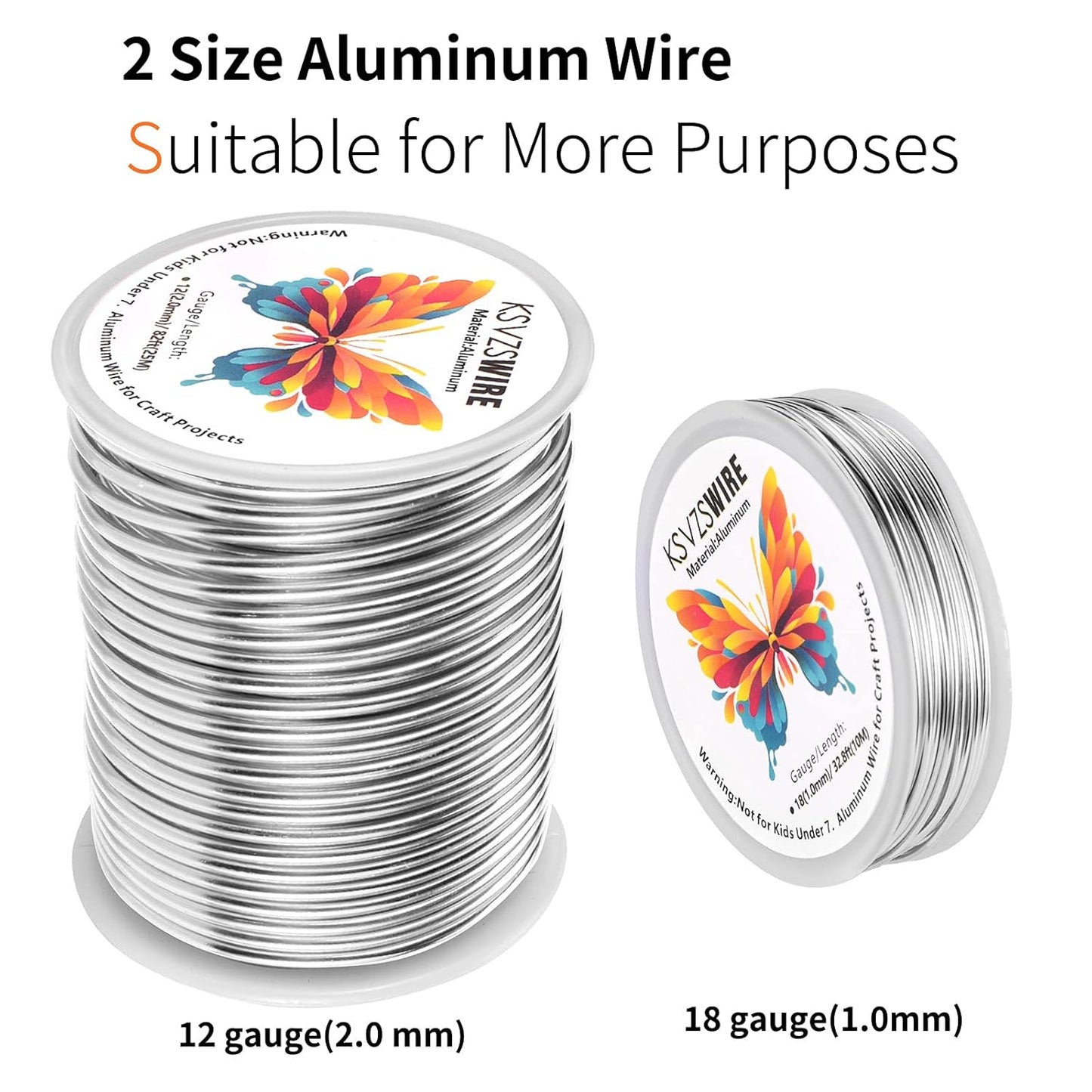 12 Gauge(2.0mm) Aluminum Wire 82 Feet(25M) KSVZS Bendable Metal Wire for Crafts, Sculpting, Armature, Jewelry Making【3-in-1】+18Gauge(1.0mm) 32.8Ft(10M)+1 Pliers(Silver)