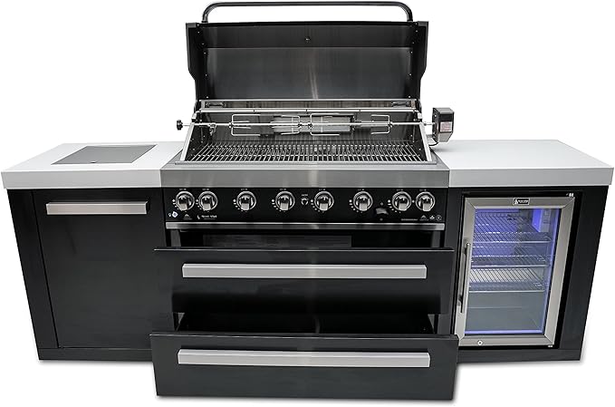 Mont Alpi MAi805-BSSFC 44-inch 6-Burner 115000 BTU Black Stainless Steel Gas Outdoor Kitchen Bar Island Grill w/Wine Cooler Beverage Center Refrigerator + Infrared Side Burner + Granite Countertop