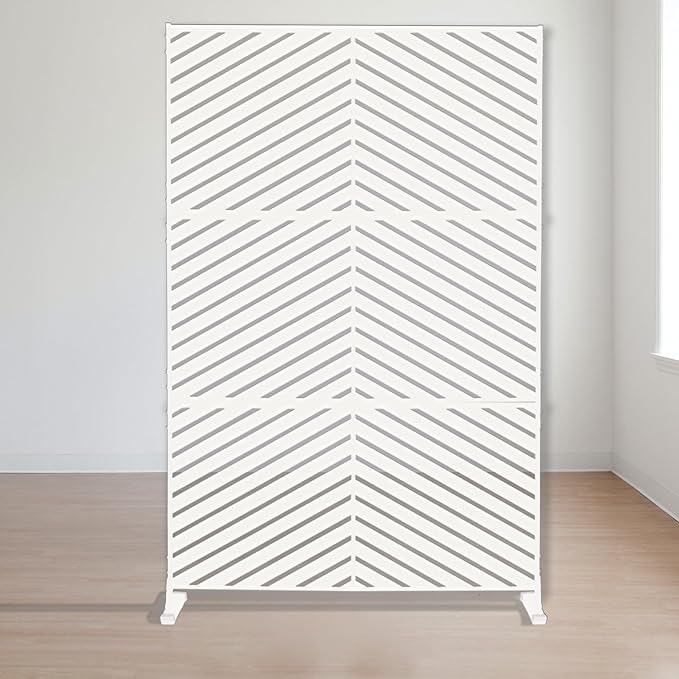 Kozyard Metal Privacy Screen 74" H x 47.2" W Decorative Outdoor Divider with Stand Panels Freestanding Screen Set for Deck Patio Balcony Garden Outdoor&Indoor (White/Chevron)