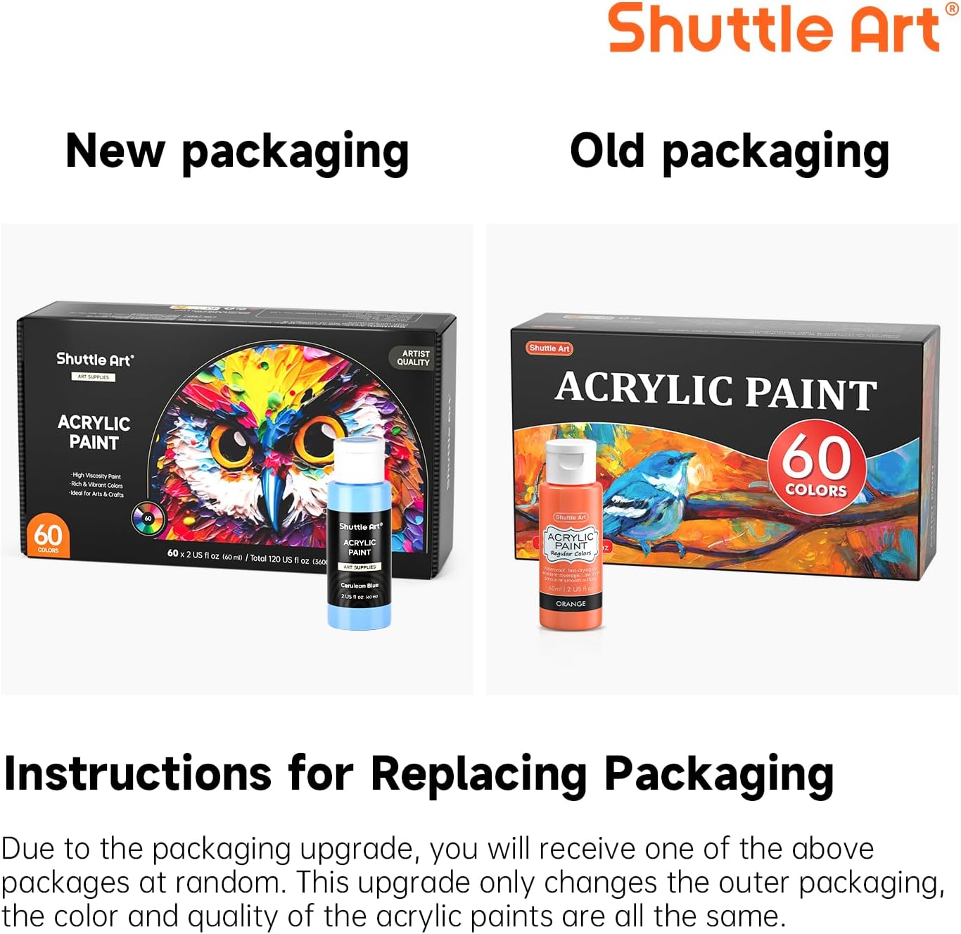 72 Pack Acrylic Paint Set, Shuttle Art 60 Colors Acrylic Paint Including Extra White Black & 12 Brushes, 2oz/60ml, Rich Pigmented, Water Proof, Ideal for Artists, Beginners on Canvas Rock Wood Ceramic