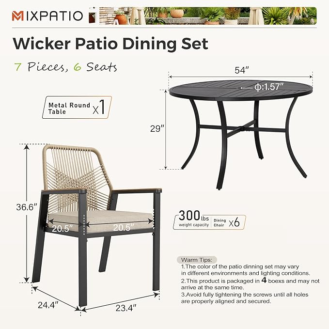 7 Pieces Round Outdoor Dining Set for 6, Patio Dining Set Wicker Rattan Chairs with Soft Cushion and 54" Round Table with Umbrella Hole, Round Patio Table and Chairs for Backyard Porch