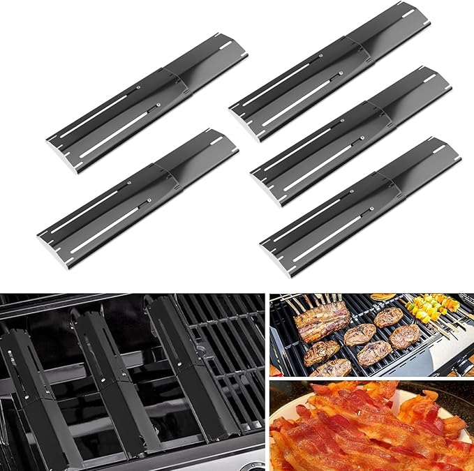 Universal replacement heavy duty adjustable heat plate shield,Burner cover,Flavorizer bar,heat Tent,Flamer tamer for gas grill models,Extends from 11.75"up to 21"L (Porcelain Steel, 5 Pack)