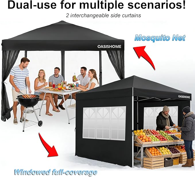 OASISHOME Pop-up Gazebo Instant Portable Canopy Tent 10'x10', with 2 Styles Sidewalls,Netting, Windows, Wheeled Bag, for Patio/Outdoor/Wedding Parties and Events