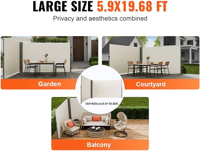 VEVOR Retractable Side Awning, UV 50 71''x236'' Rugged Full Aluminum Rust-Proof Side Awning Patio Sunshine Privacy Divider, 280 g Thicken Wind Screen, for Courtyard, Roof Terraces Pools, Beige