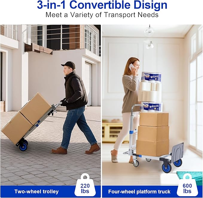 Upgraded 3 in 1 Aluminum Folding Hand Truck, 600lbs Capacity, Heavy Duty Convertible Dolly with Retractable Handle and 4 Rubber Wheels, Collapsible Cart for Moving Home, Office, Warehouse (Blue)