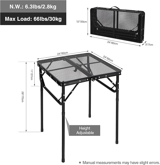 RedSwing Portable Grill Table for Outside, Aluminum Square Folding Grill Stand Table for Outdoor Camping Picnic BBQ, Lightweight Adjustable Height, 24"x24", Black