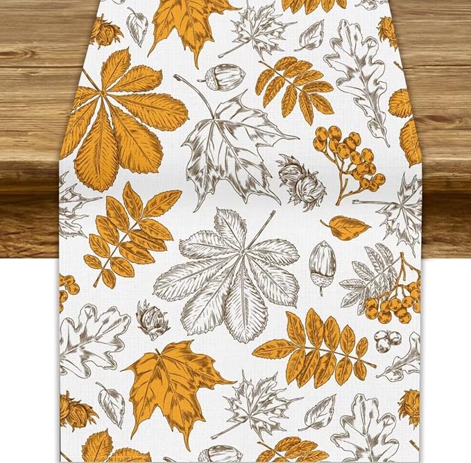 Autumn Maple Leaf Table Runner, Vintage Fall Orange Brown Nature Botanical Leaves Print Table Cover for Home Kitchen Dining Table Decor Indoor Outdoor Party, 13x120inch